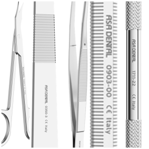 ASA DENTAL (Dissecting scissor - curved + Cement spatulas + Handle + (x2) Cotton and Dressing plier + Escavator)